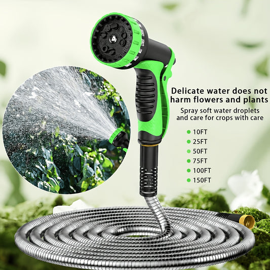 Stainless Steel Garden Hose with Listed 10-Function Spray Nozzle and Brass Joint, Multiple Lengths and Upgrade Kit Options for Plant Watering and Car Rinsing