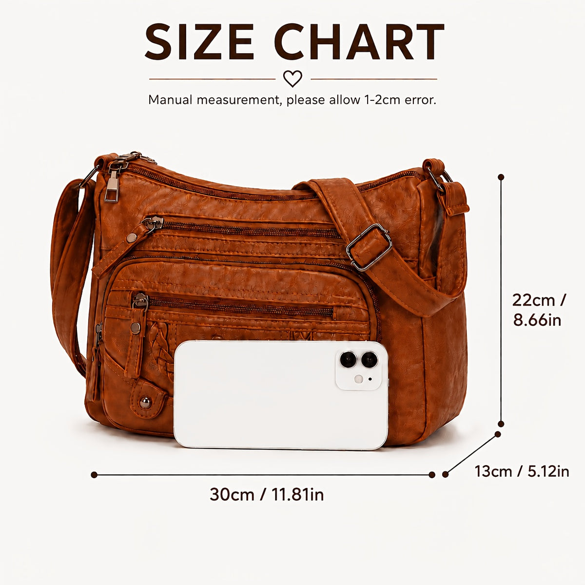 Multi-Pocket Vintage Crossbody Bag with Heart Decoration and Adjustable Shoulder Strap, Four Color Options in Grey, Black, Red or Brown for Casual Everyday Outfits