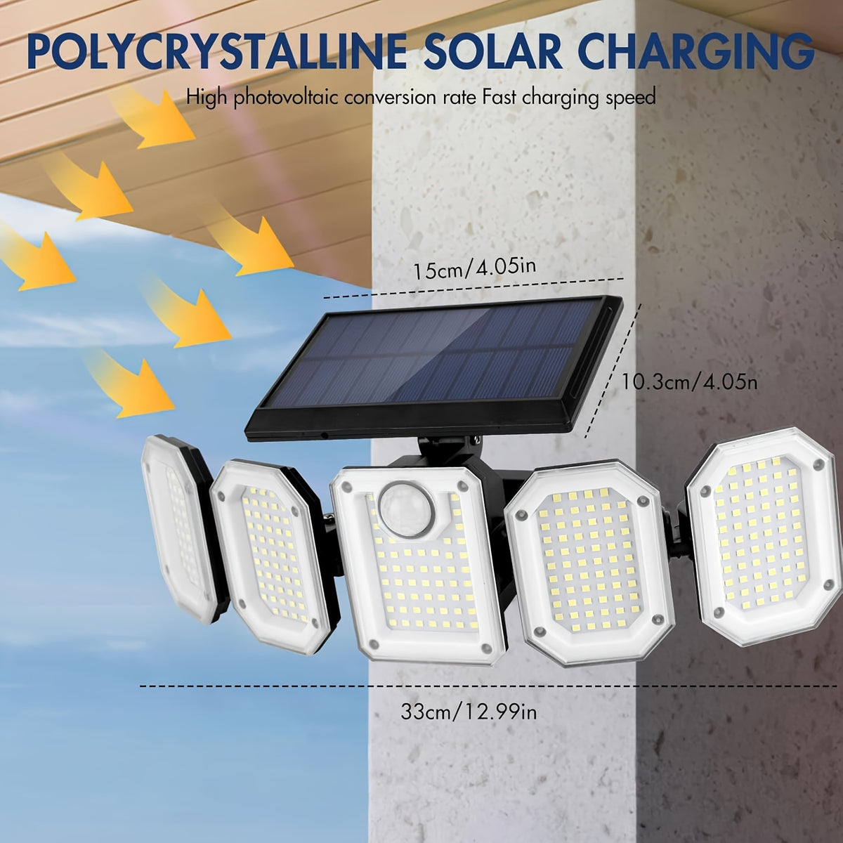 Five-Head Solar Motion Sensor Light with Listed 300 LEDs, 6500K Color Temperature, Remote Control and IP65 Rating, Single-Piece Outdoor Floodlight for Yard and Garage