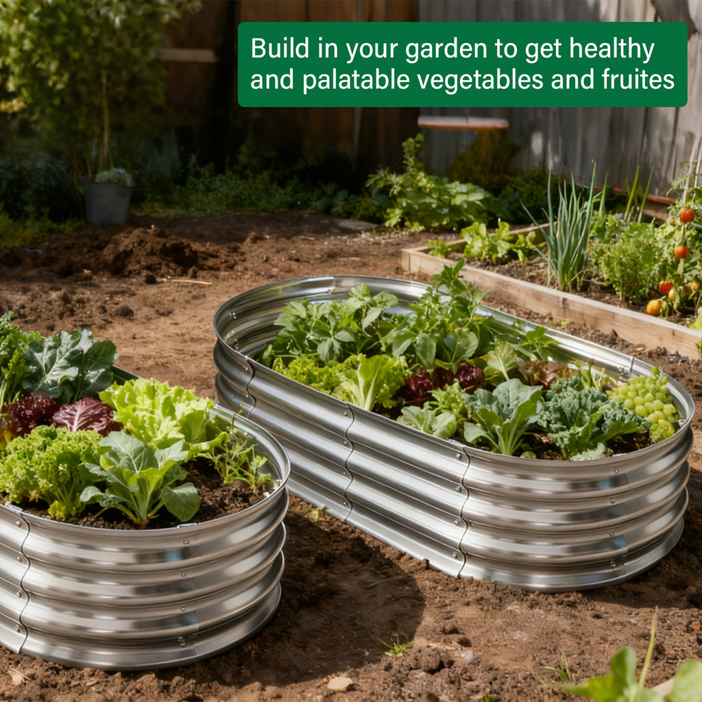 Galvanized Vegetable Garden Bed Set with Oval Metal Planter Design, Outdoor Raised Planting Boxes in Single and Multipack Options for Backyard Gardening