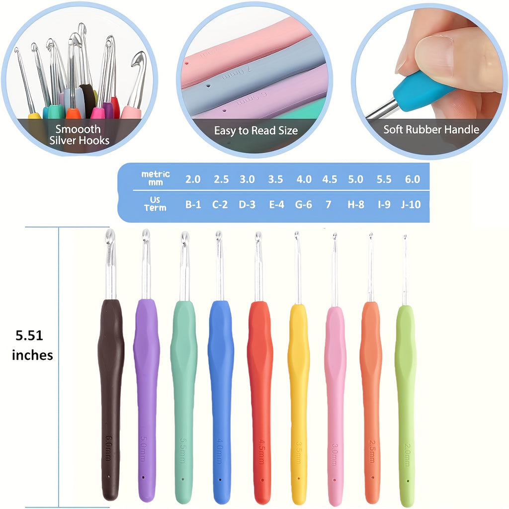 Soft-Grip Crochet Starter Kit with 17 Crochet Hooks, Five Acrylic Yarn Skeins and Printed Storage Bag, Beginner Craft Tools for Coasters, Scarves and Amigurumi