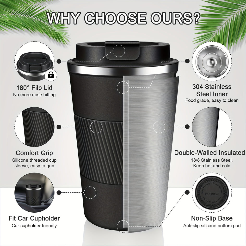 Insulated Travel Coffee Mug with Lid, 380ml or 510ml Reusable Stainless Steel Tumbler in Multiple Colors for Hot and Cold Drinks, Morning Commutes and Camping