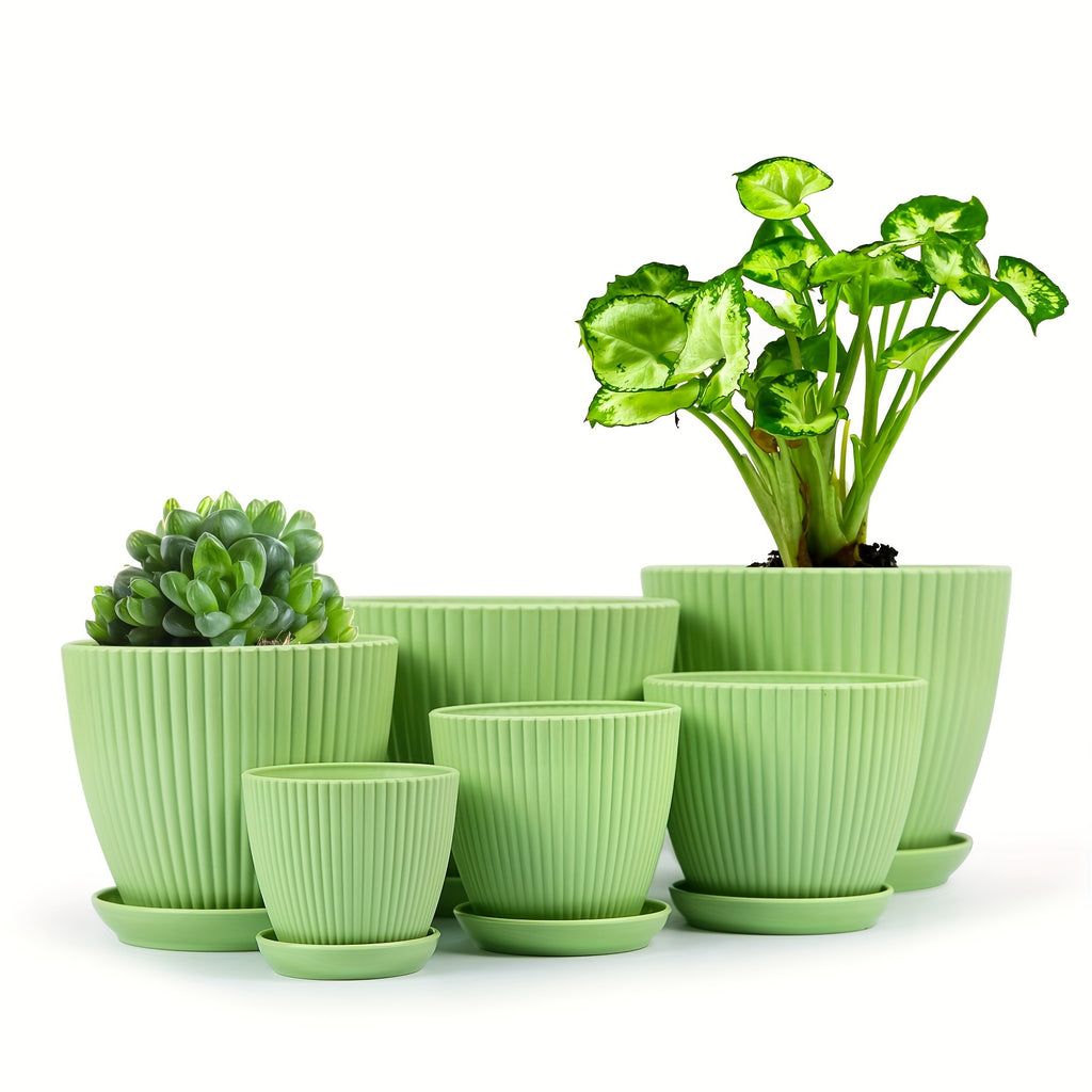 Resin Planter Pots Set with Listed Six-Pack Assortment and 3.5 to 7.5-Inch Size Labels, White, Light Green or Dark Blue Options for Indoor Plant Displays