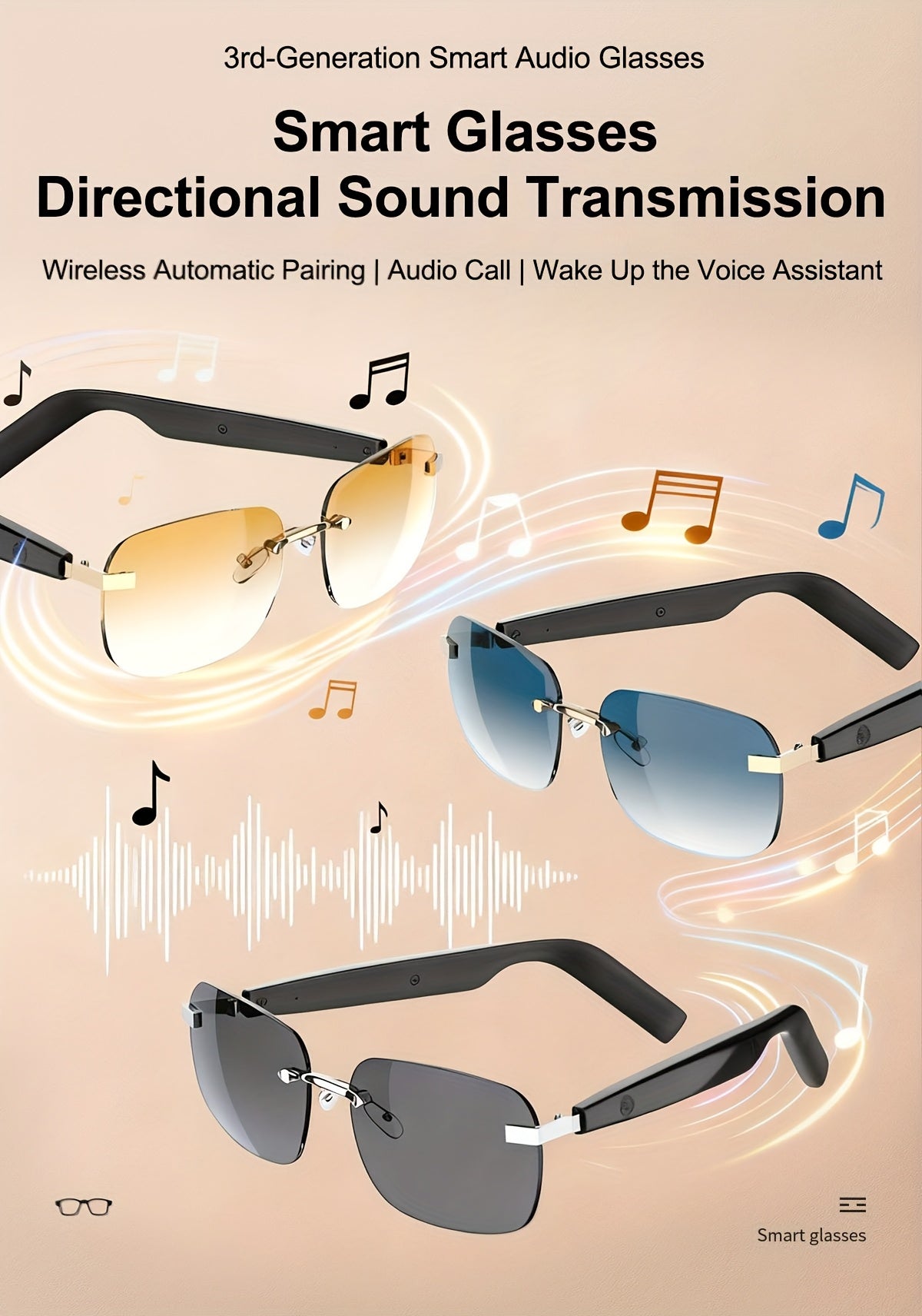 Touch-Control Wireless Audio Glasses with Listed Built-In Microphone, Music Playback and Hands-Free Calls in Gradient Blue, Gradient Purple or Brown-1
