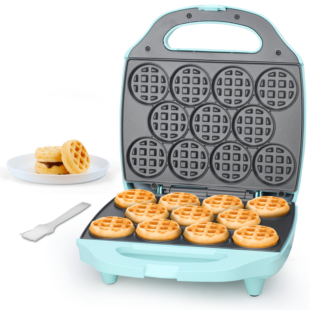 Bite Size Waffle Maker, Mini Belgian Waffle Iron Makes 11 x 2.2 Inch Tiny Waffles, Nonstick Breakfast Machine for Kids and Adults, Aqua Waffle Maker for Kitchen and Desserts