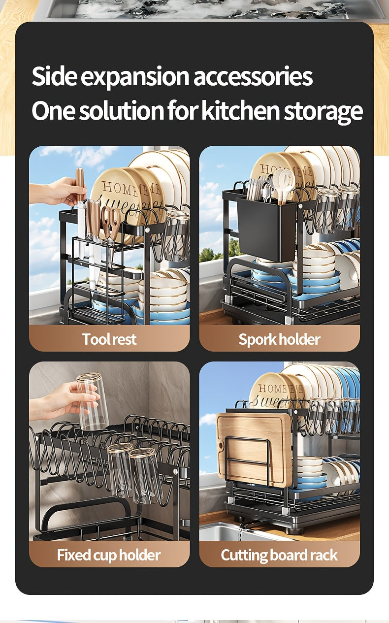 Metal Countertop Dish Rack for Kitchen Tableware Organization, Two-Tier Painted Rack Design with Utensil Holder Reference and Black, Dark Grey or Base Options