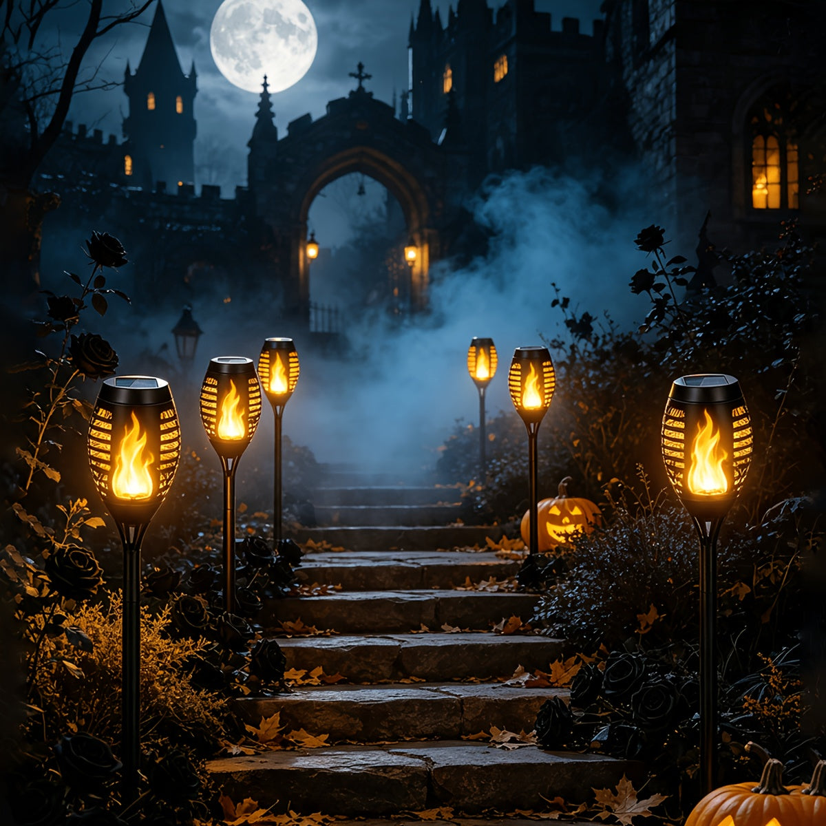 Solar Torch Lights with Flickering Flame Effect, 8 or 12 Pack Ground-Mounted Decorative Garden Lamps with Color Options for Outdoor Parties and Halloween Displays