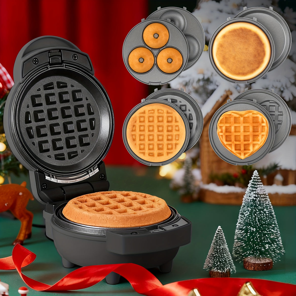 4-in-1 Mini Waffle and Pancake Maker with Removable Plates, Listed Donut and Heart-Shape Functions, Recipe Included, Graphite, Red or Blue for Home Breakfasts