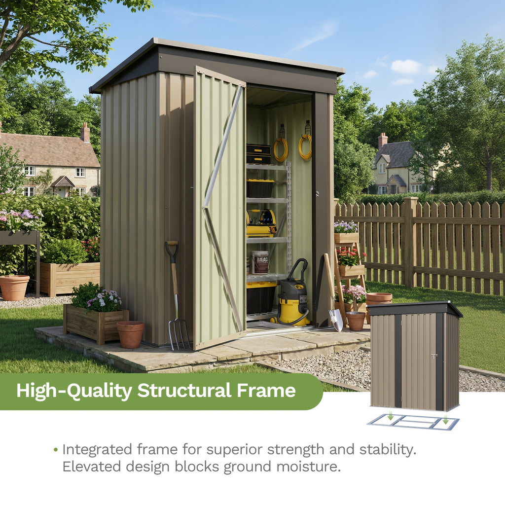 Outdoor Metal Tool Shed in Listed 5 x 3 FT Size, Garden Storage Building with Single Lockable Door and Sloping Roof, Brown, Grey or White Model Options