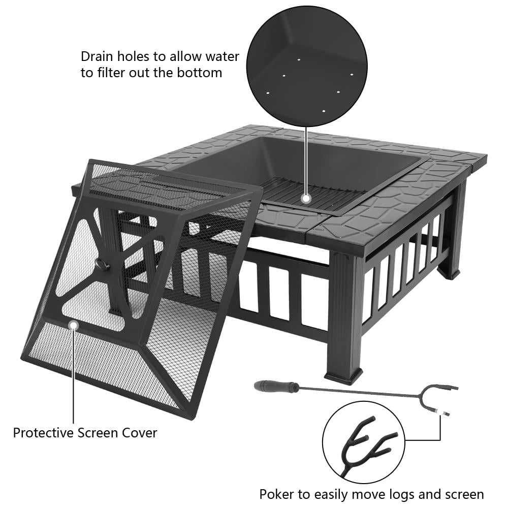 Square Wood Burning Fire Pit Table in Black Metal with Mesh Spark Screen and Poker, Four-Leg Outdoor Fire Bowl for Backyard and Patio Gatherings