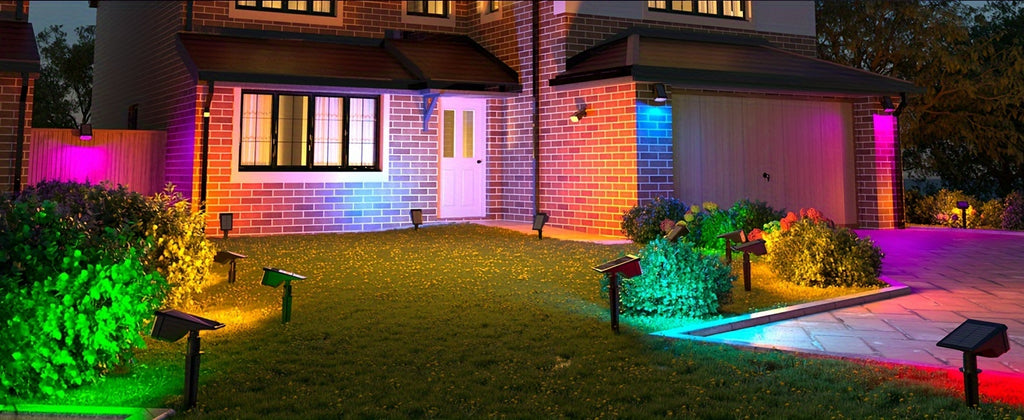 RGB Solar Garden Spotlights with Listed Nine Lighting Modes, Multicolor Outdoor Landscape Accent Lights in Two, Four or Six Pack Options for Holiday Decor