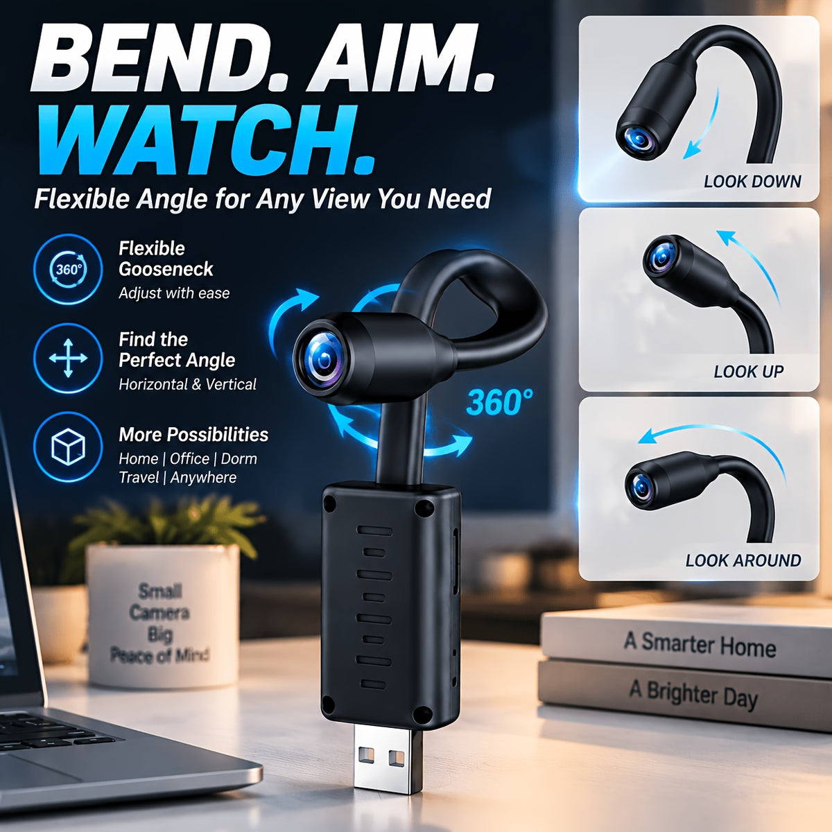 AP Hotspot Mini Camera 3-Pack, 1024P Indoor Monitoring Cameras with Motion Detection, Flexible Lens and Local Live Viewing Without Internet