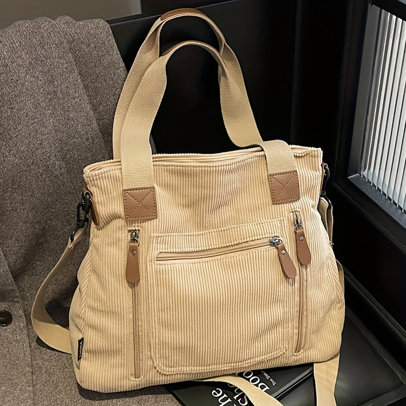 Retro Workwear Corduroy Handbag with Multiple Pockets, Women's Adjustable-Strap Shoulder and Crossbody Bag in Black, Grey or Green for Daily Commuting