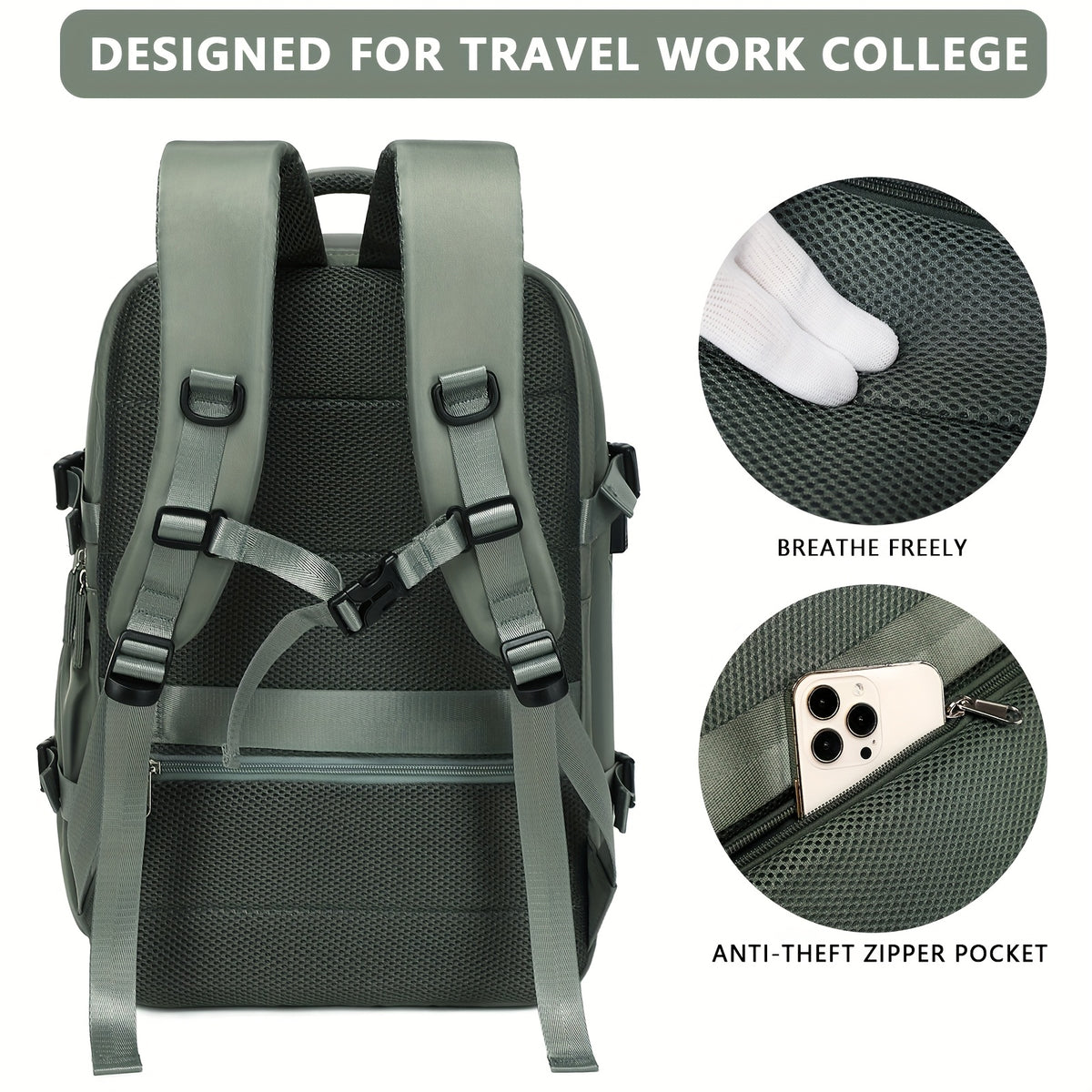 Laptop Travel Backpack with Listed 16-Inch Device Compartment, Shoe Pocket and Multi-Pocket Organization in Pink, Beige or Light Green for Work, School and Gym Trips