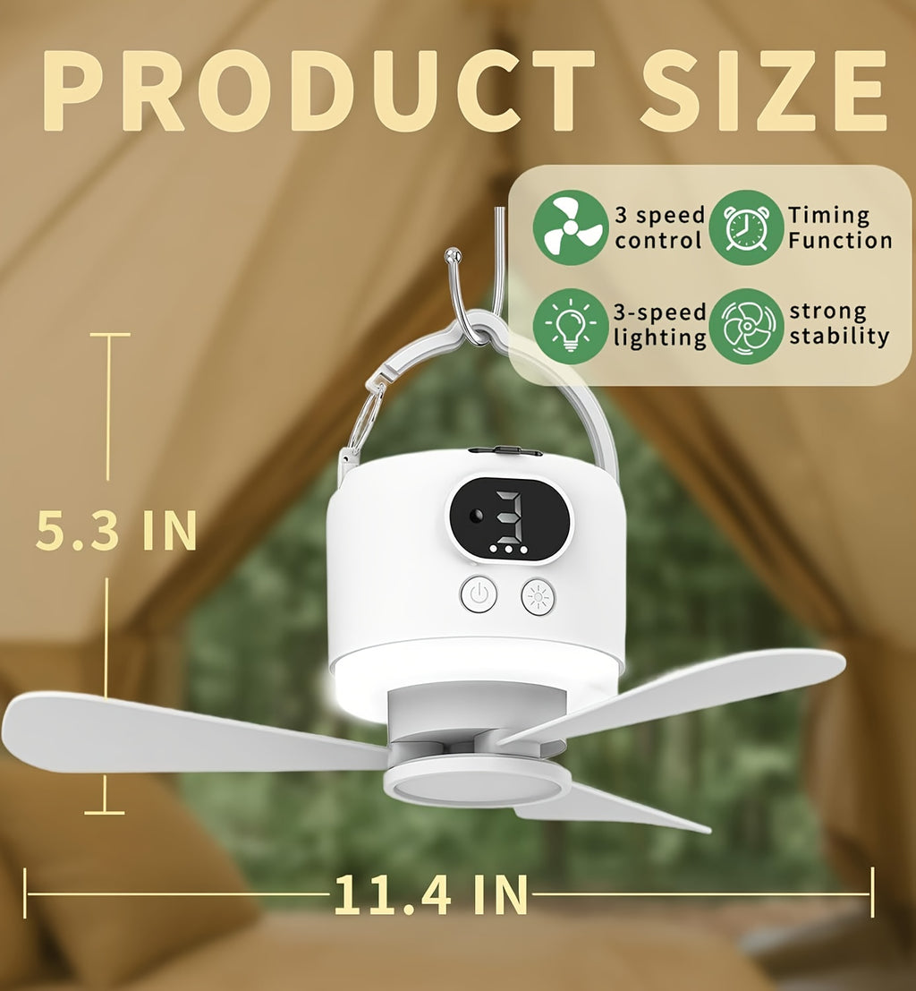 Camping Ceiling Fan with Light, 10400mAh Rechargeable USB Tent Fan Lamp, 4-Speed Quiet Hanging Fan for Tent, Dorm, RV, Remote Control, Power Bank Charges Phones, Multiple Colors