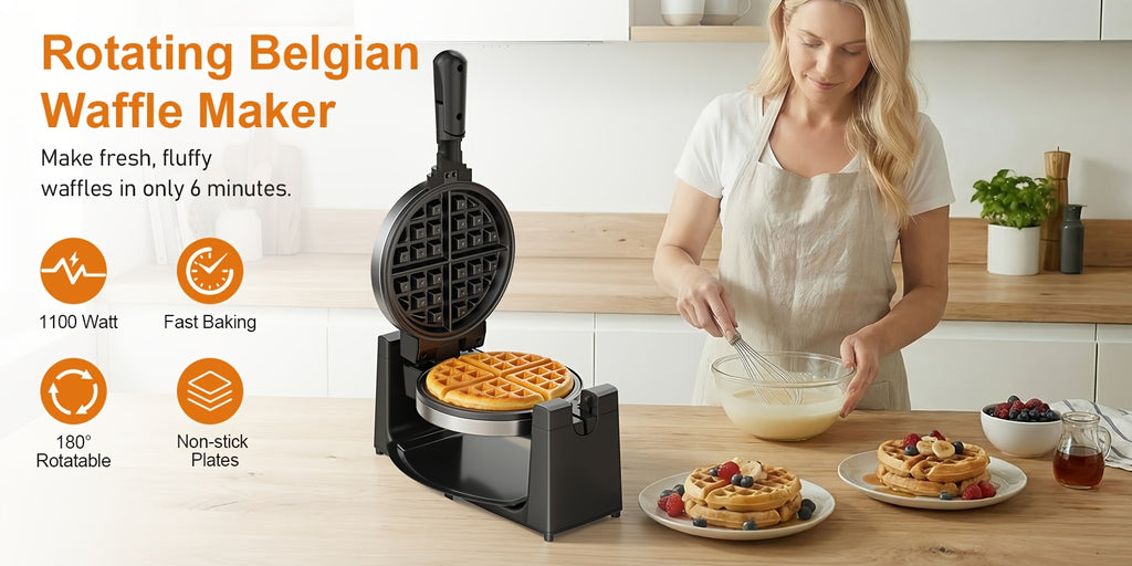 Rotating Belgian Waffle Maker with Listed 180-Degree Flip and Adjustable Browning, Silvery Single-Layer or Double Waffle Iron Options for Home Breakfasts