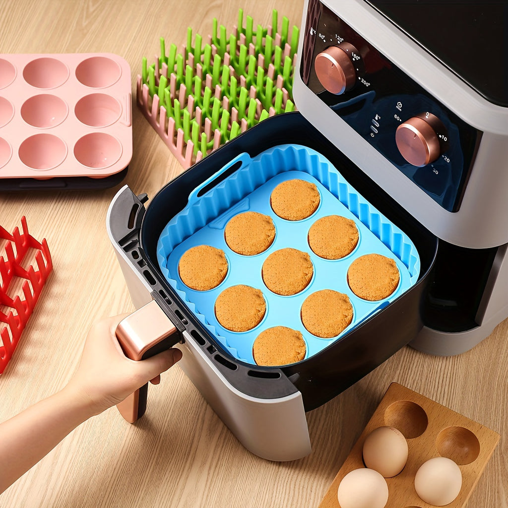 Silicone Air Fryer Baking Tray Set of Two with Listed Nonstick Liner and Muffin Mold Wording, Reusable Kitchen Accessories in Five Colors for Compatible Appliances