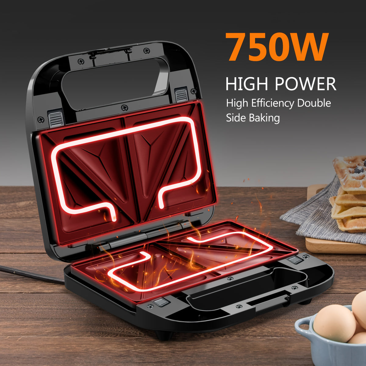Three-in-One Sandwich and Waffle Maker with Listed 750W Power and Removable Nonstick Plates, Teal and Three-Plate Option Labels for Home Kitchen Meal Preparation