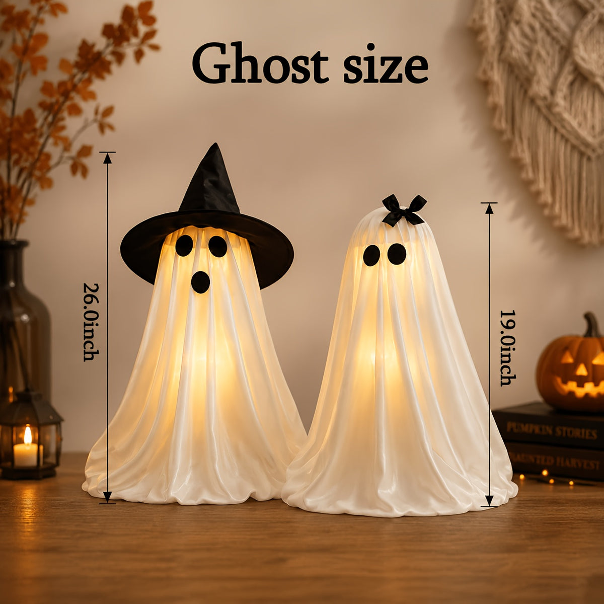 Witch Hat Ghost Decorations, Two-Piece Lighted Halloween Display Set with String Lights in White Ghost or Warm Color Options for Seasonal Home and Party Decor