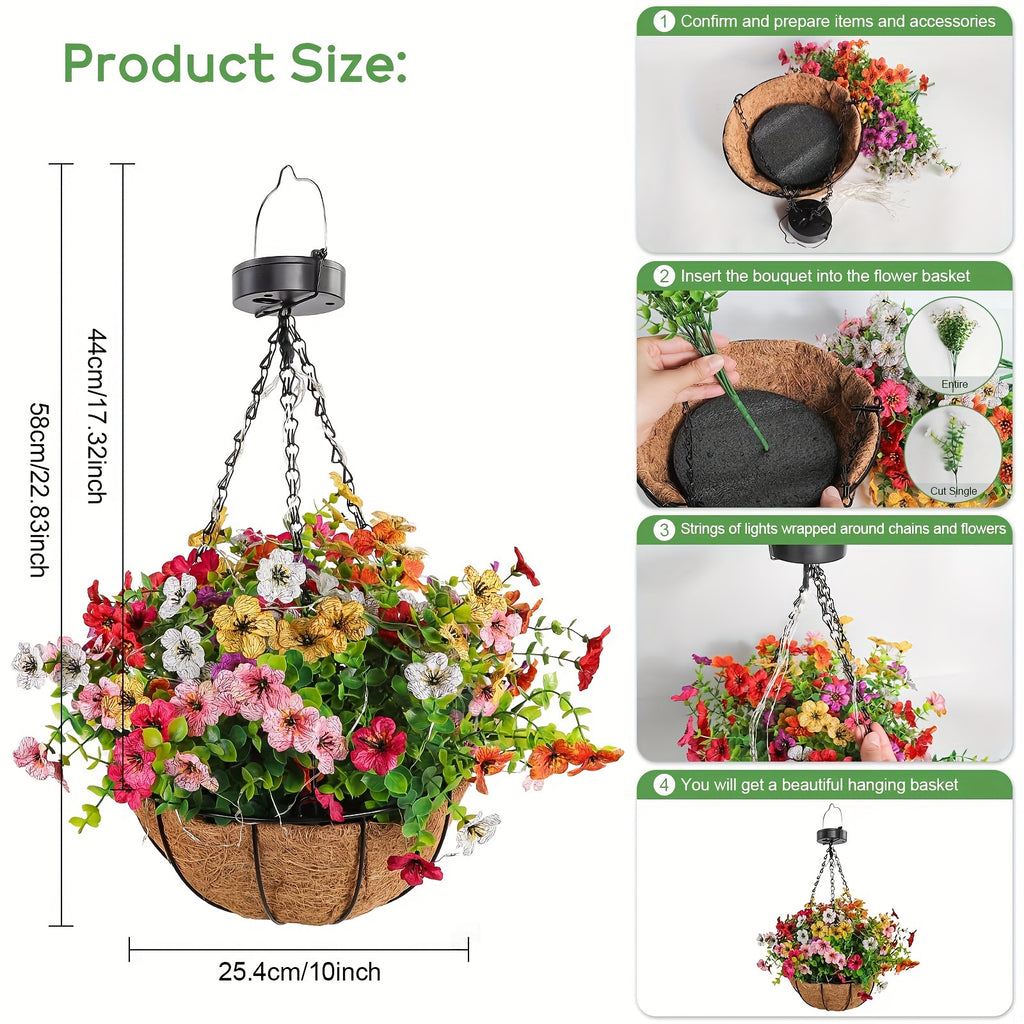 Solar Hanging Flower Baskets, Artificial Floral Decor with Coco Coir Liner and Listed 10-Inch Size, Multicolor Selection Labels for Porch and Patio Displays
