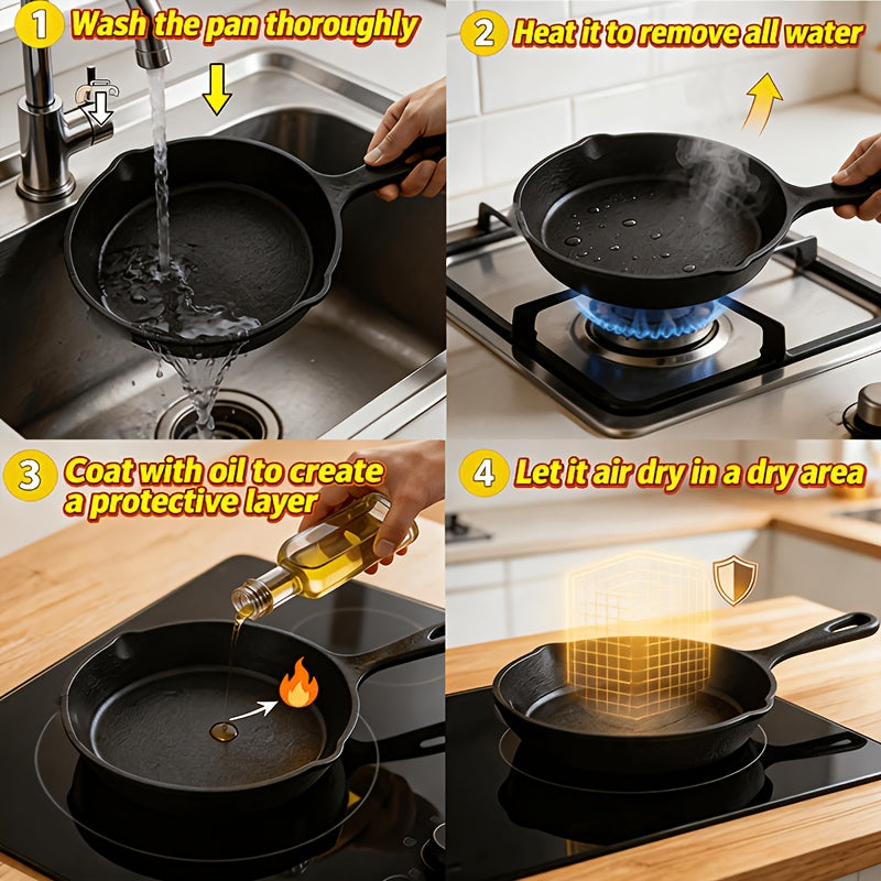 Cast Iron Skillet Set, 3-Piece Pre-Seasoned Round Pans with Handles for Stovetop Meals, Steak and Omelette Cooking, Camping and Compatible Grill Use