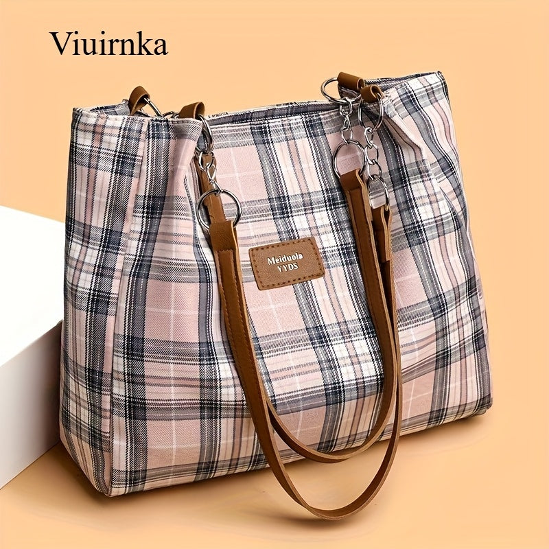 Oversized Plaid Tote Bag for Women, Spacious Shoulder Handbag for Work, School and Everyday Essentials with Classic Check Pattern Styling