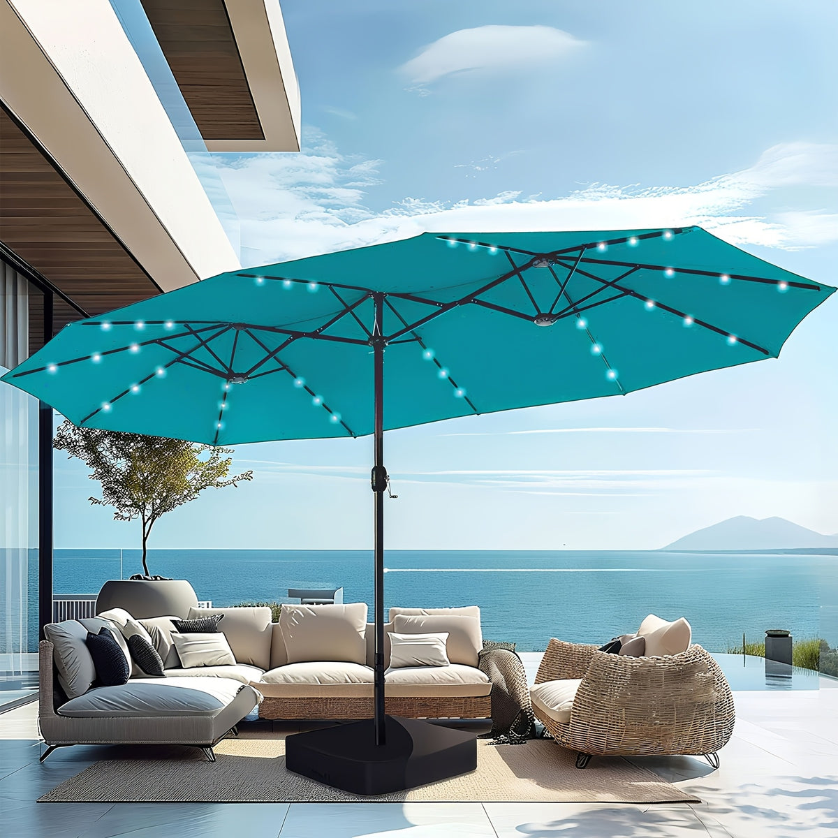 Double-Sided Solar Patio Umbrella with 48 LED Lights, 15ft Outdoor Shade Canopy with Crank Handle, 12 Ribs, Base and Four Sandbags in Blue or Light Blue