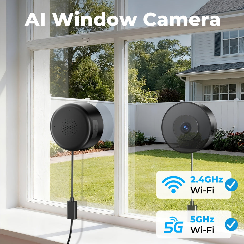 Dual-Band WiFi Window Camera by WESECUU with 2K Imaging, Color Night Vision, Person and Motion Alerts, Two-Way Audio and Premium Black Stand Option