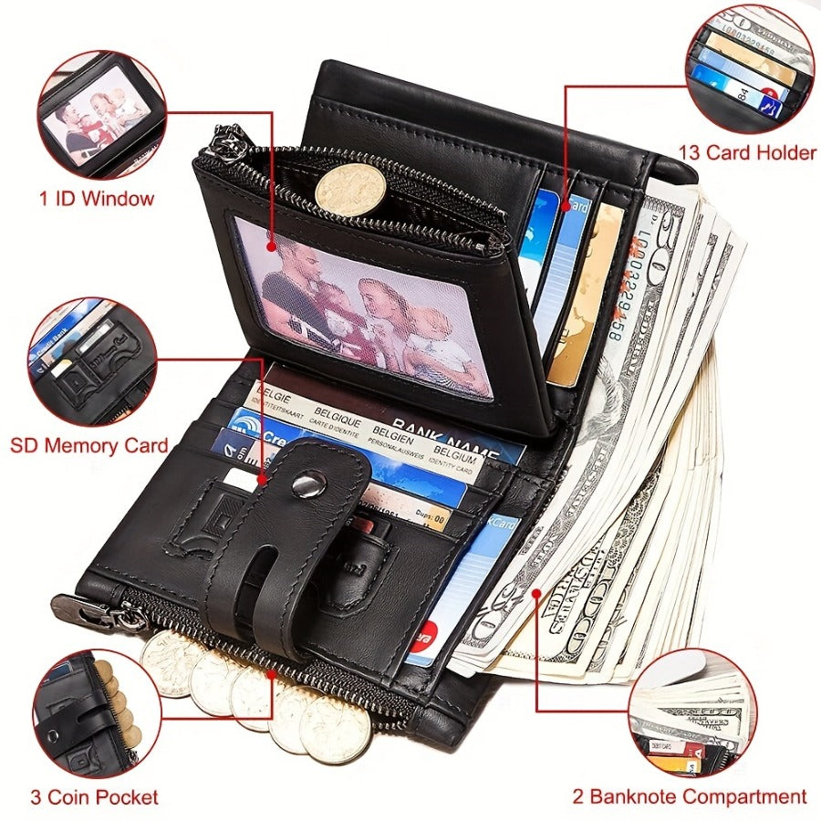 Mens Chain Wallet in Black with Short Wallet Format, Listed Card Clip and Double Zipper Change Storage for Everyday Card Organization and Gift Shopping