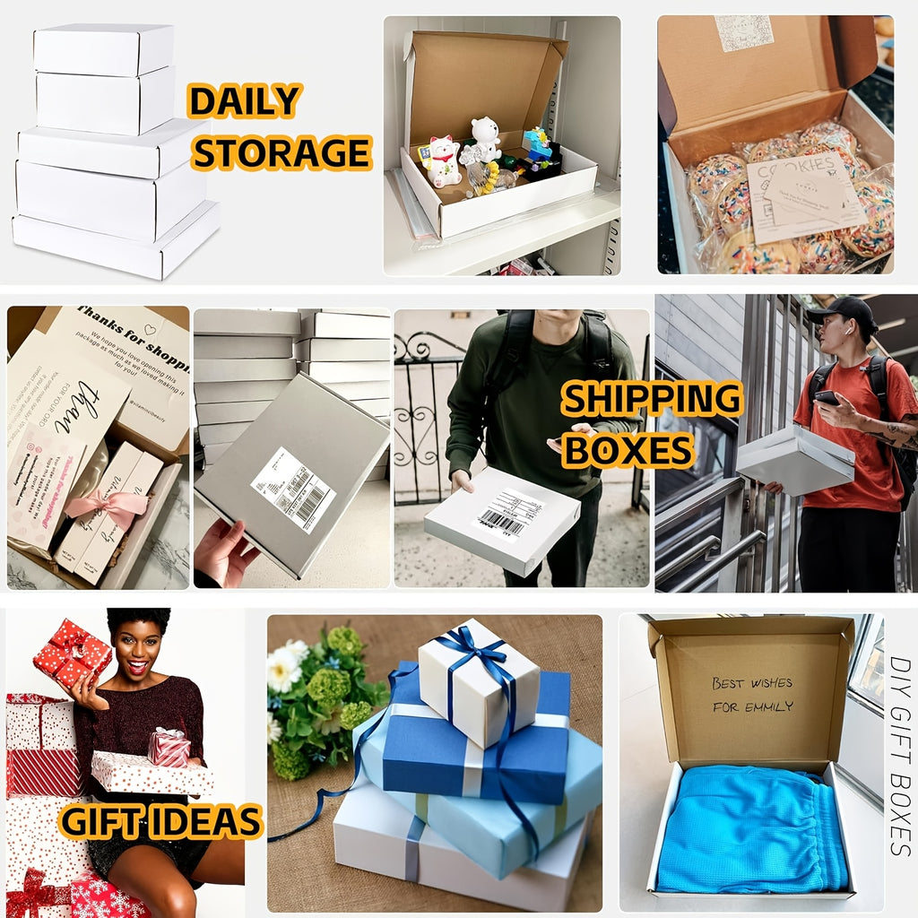 Corrugated Cardboard Mailer Boxes 20-Pack with Listed Thank You Stickers, White or Brown Folding Shipping Box Options for Small Business and Gift Packaging
