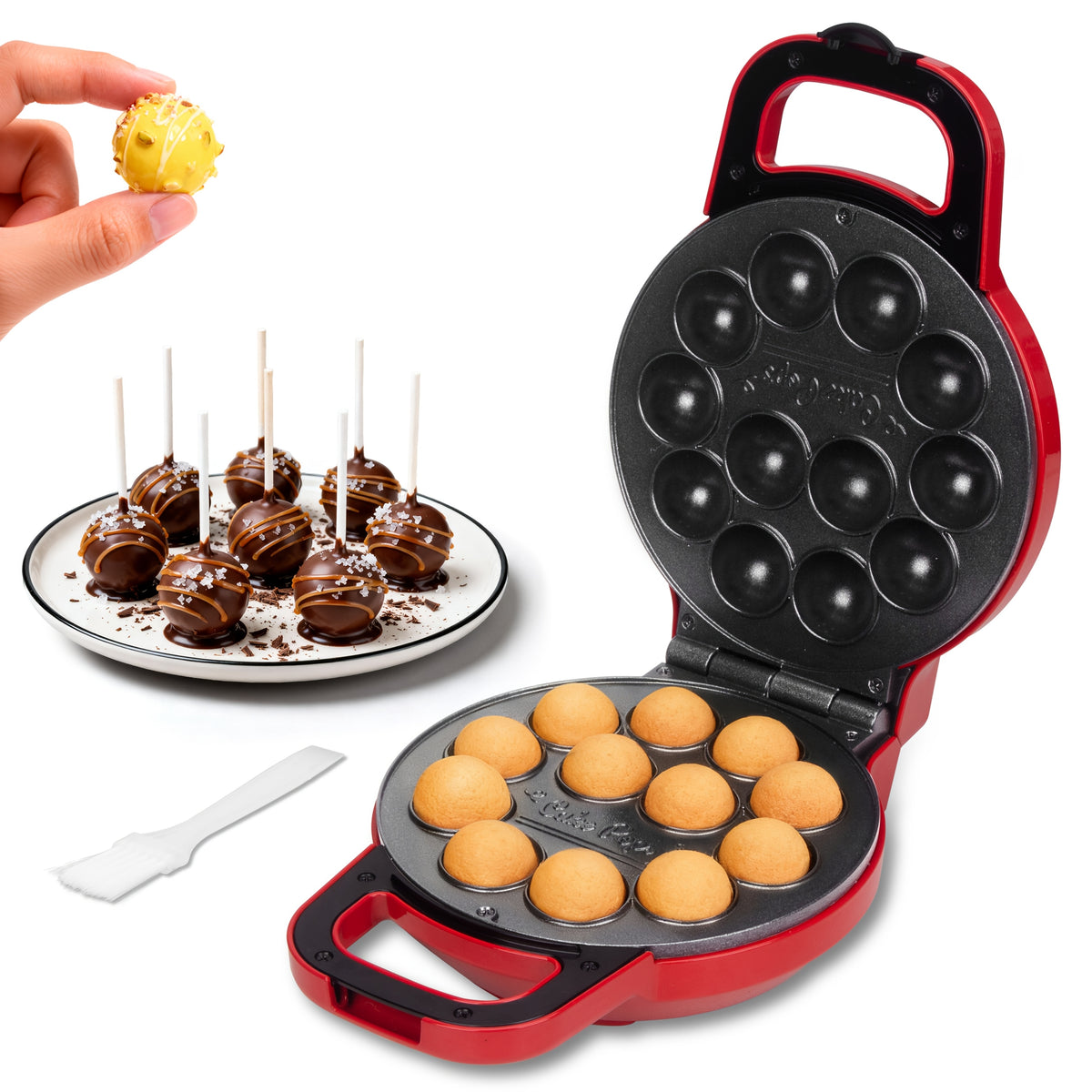 Cake Pop Maker Machine with Listed 12 x 1.6-Inch Baking Format, Red Flip or Aqua Options and Version-Specific Stand, Sticks and Fork Tool References