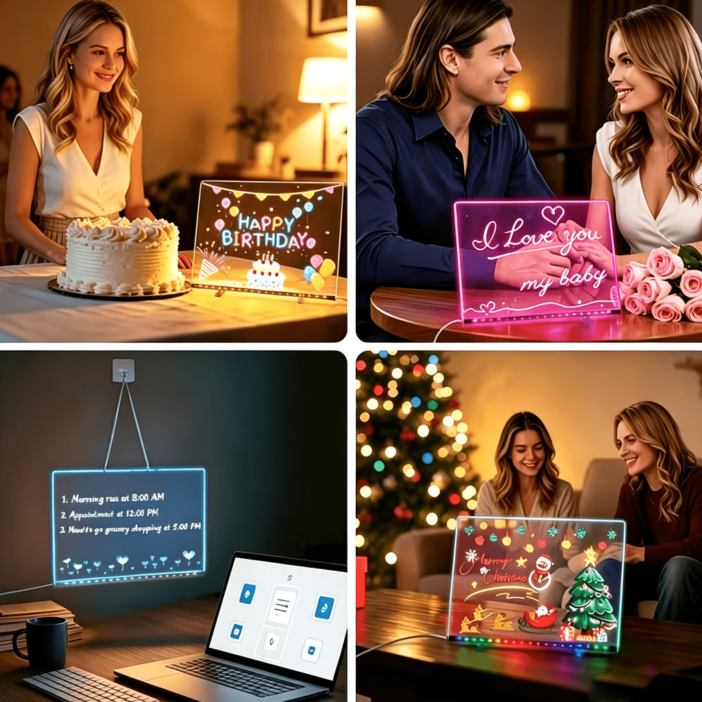 LED Erasable Drawing Board 13.7 x 10 Inch, RGB+IC Acrylic Message Sign with 21 Lighting Effects, Remote and App Control and 12-Color Pens