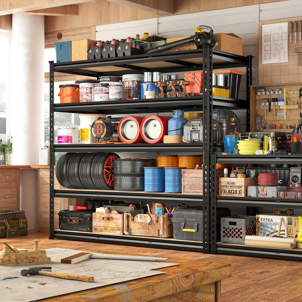 Adjustable Storage Shelving by REIBII with Five Wood-Board Tiers and Black Metal Frame, Garage and Pantry Organizer with Height and Two-Piece Pack Options