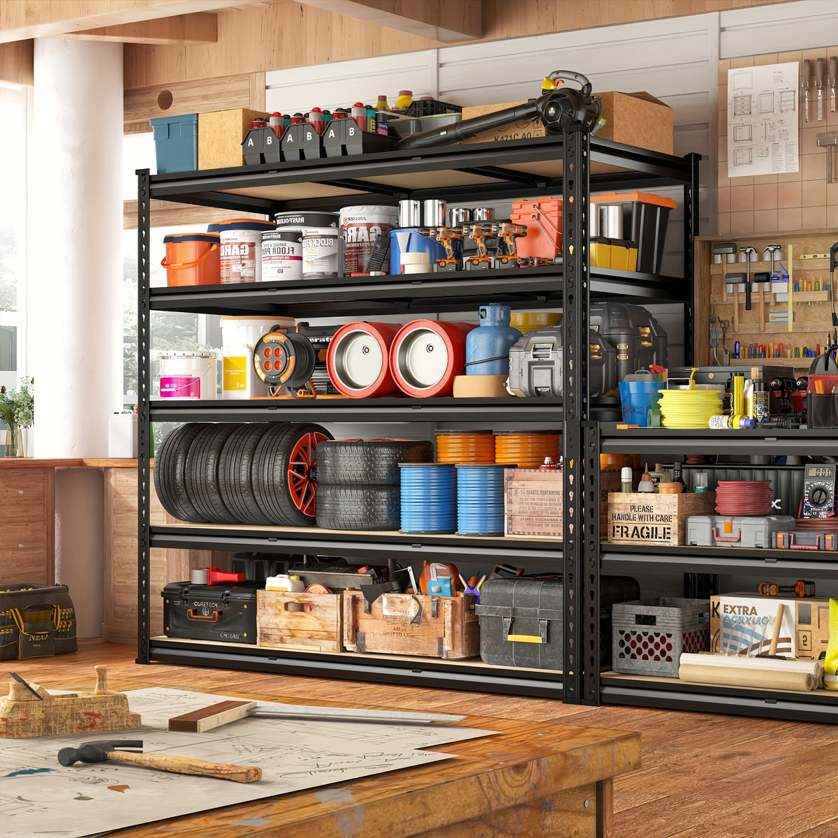 Adjustable Storage Shelving by REIBII with Five Wood-Board Tiers and Black Metal Frame, Garage and Pantry Organizer with Height and Two-Piece Pack Options