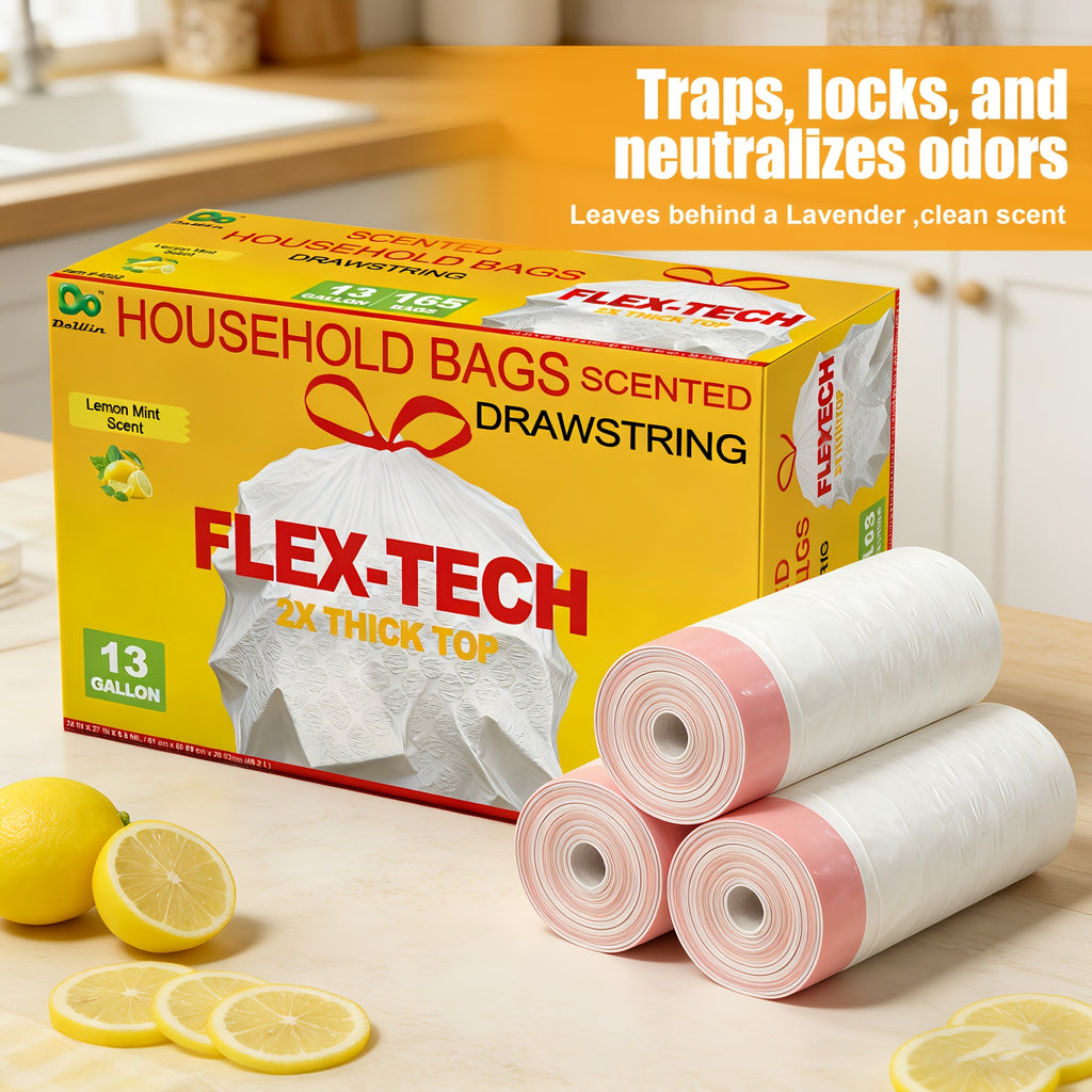Lemon Scented Drawstring Trash Bags 13 Gallon, White Disposable Kitchen Bin Liners with Boxed Packaging Reference and 20, 55, 110 or 165 Quantity Labels