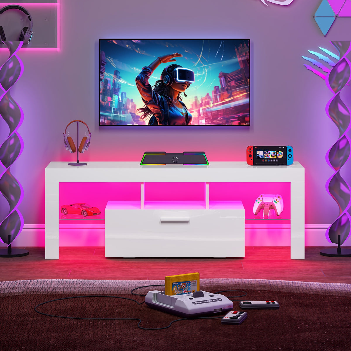 White LED TV Stand with Cabinet Storage and Glass Shelves, Modern Media Console for Living Room and Game Room in 130, 167 or 180 cm Model Options