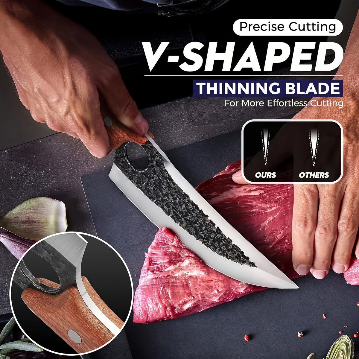Viking Style Chef Knife with Sheath and Listed Sourwood Handle, Approximately 7-Inch High Carbon Steel Blade for Meat and Vegetable Prep, Camping Cooking and BBQ