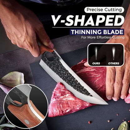 Viking Style Chef Knife with Sheath and Listed Sourwood Handle, Approximately 7-Inch High Carbon Steel Blade for Meat and Vegetable Prep, Camping Cooking and BBQ