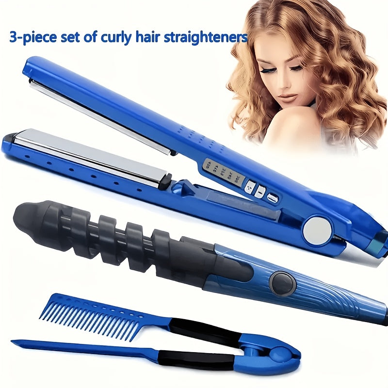 Flat Iron and Curling Iron Hair Styling Set with Comb, Upgraded Three-in-One Kit for Straight Hair, Curls and Wave Styling Routines, Birthday or Mother's Day Gift Idea
