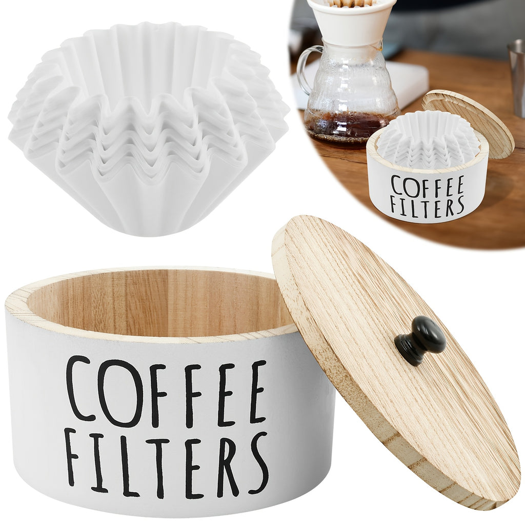 Coffee Filter Holder with 50 Filters for Coffee Bar Organization, White Wooden Round Countertop Storage Container, 16cm Diameter and 9cm Height