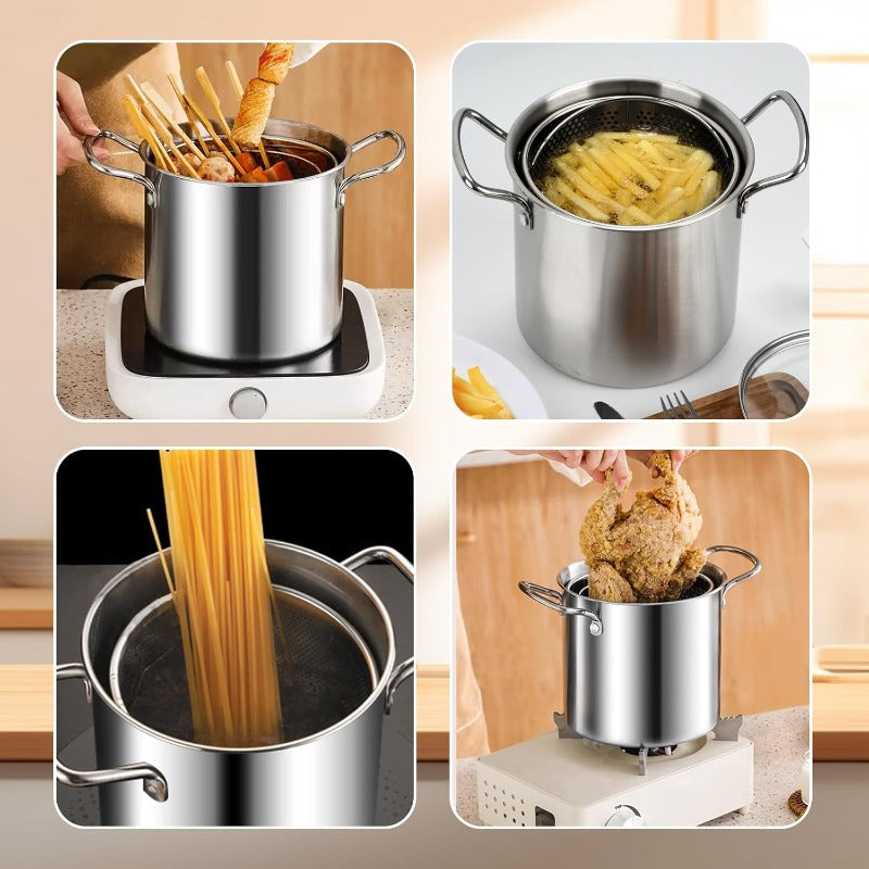 Stainless Steel Deep Fryer Pot with Lid and Basket, 3.5L/118oz Heavy Duty Large Frying Pan with Oil Drip Drainer System and Sturdy Handle, Professional Fry Pot for Home Kitchen, Restaurant, Party and Picnic Cooking