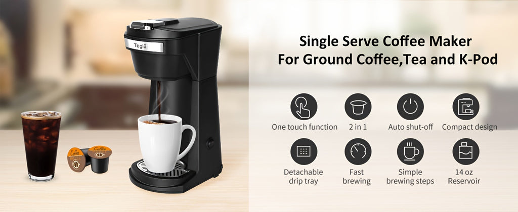 Single Serve Coffee Maker 2 in 1 for K Cup Pods & Ground Coffee, One-Button 2-Minute Brew, 6-14 oz Sizes, Auto Off, Compact for Office, Travel & Dorm, 4 Colors