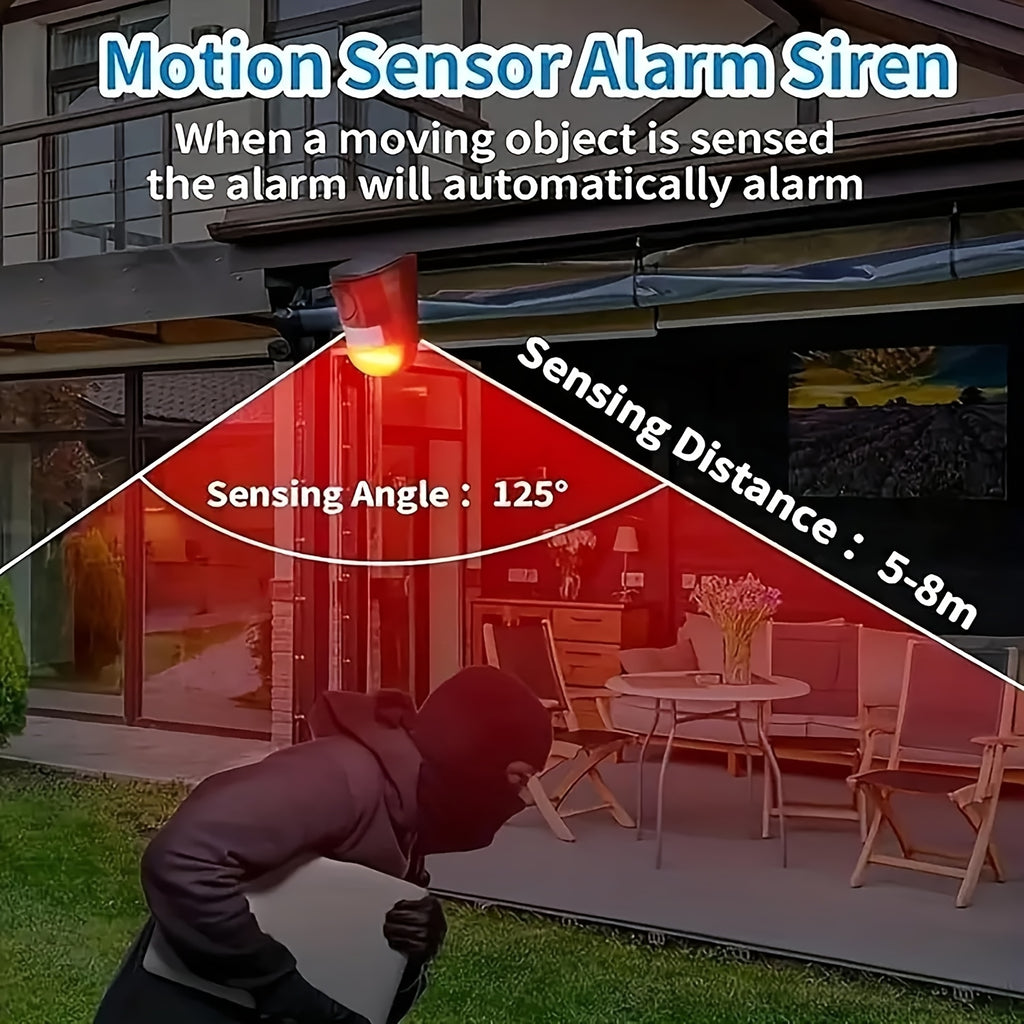 Solar Motion Sensor Alarm 2-Pack with Listed 129dB Siren and 6-LED Flashing Strobe, USB Rechargeable Outdoor Alert Devices for Yard, Farm and Garage Areas