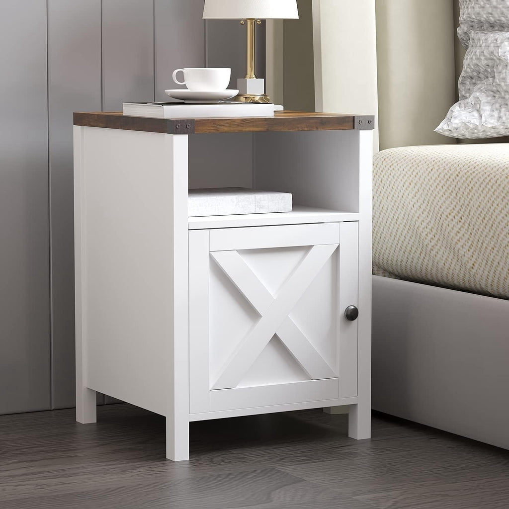 Farmhouse Nightstand by OAKSTEAD with Barn Door and Shelf, Five Colors and Single or Two-Table Packs for Bedside Essentials, Living Room and Entryway Storage