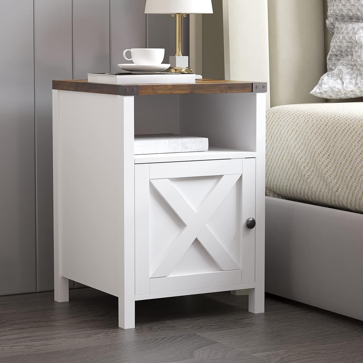 Farmhouse Nightstand by OAKSTEAD with Barn Door and Shelf, Five Colors and Single or Two-Table Packs for Bedside Essentials, Living Room and Entryway Storage