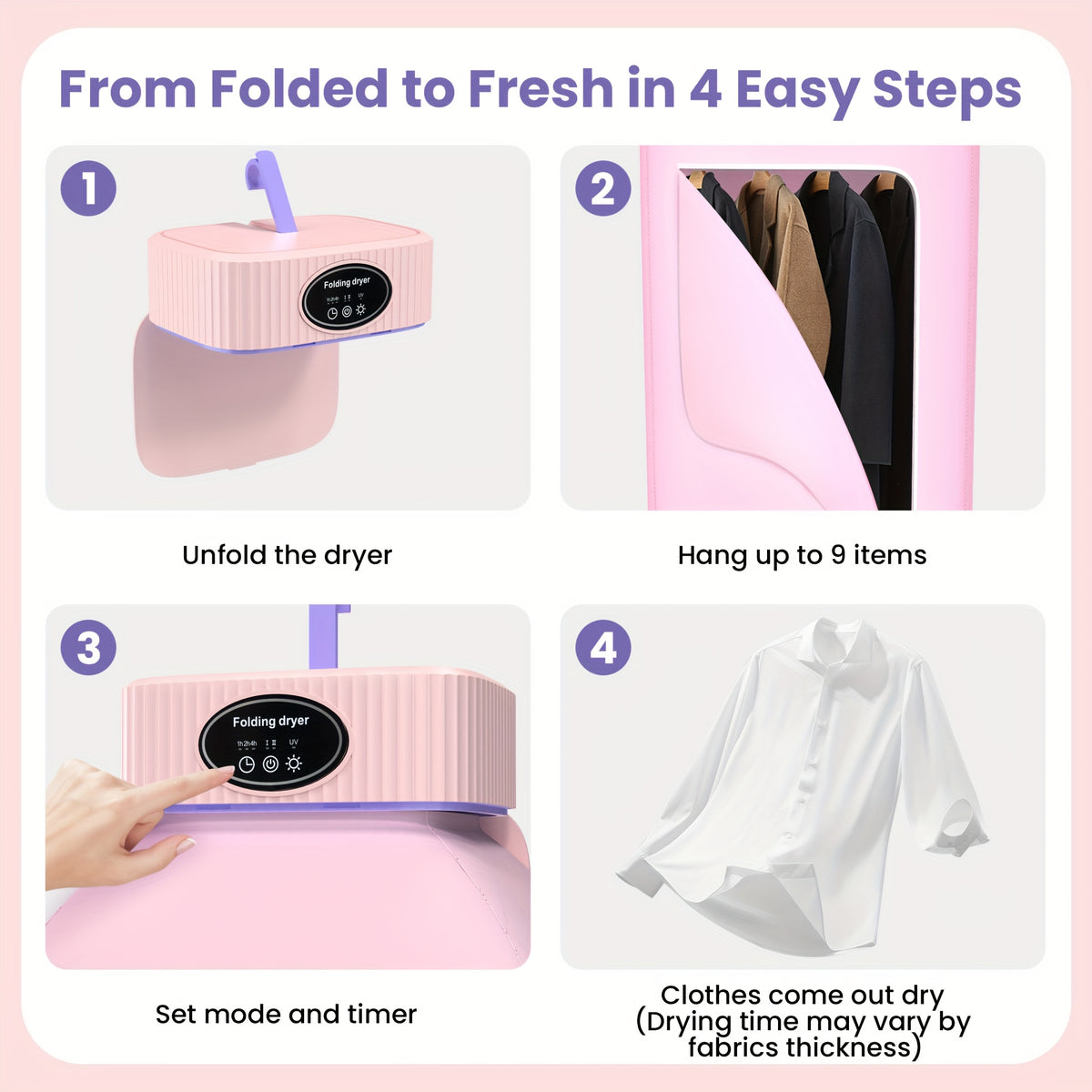 Foldable Portable Clothes Dryer with Timer and Listed Built-In LED UV Feature, Compact Laundry Care Machine in Pink, Khaki or Purple for Apartment, Travel and RV Use