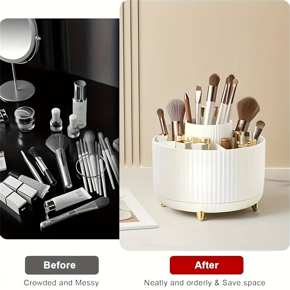 Rotating Makeup Organizer with Five Compartments, 360-Degree Plastic Cosmetic Brush and Lipstick Holder with Stripe Design for Vanity Storage and Desk Stationery
