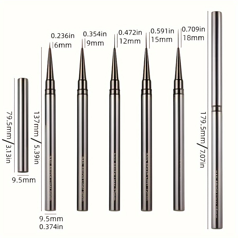 Capped Nail Art Liner Brush Set with Five Listed 6, 9, 12, 15 and 18mm Sizes, Metal Handles and Black Gray Option for Gel Polish Fine-Line Detailing