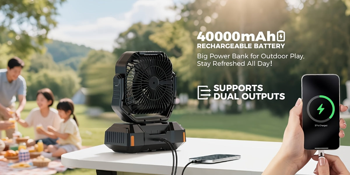 Cordless Oscillating Camping Fan with 40000mAh Rechargeable Battery, 4 Speeds and LED Lantern for Tent Airflow, RV Travel, Picnics and Home Power Outages