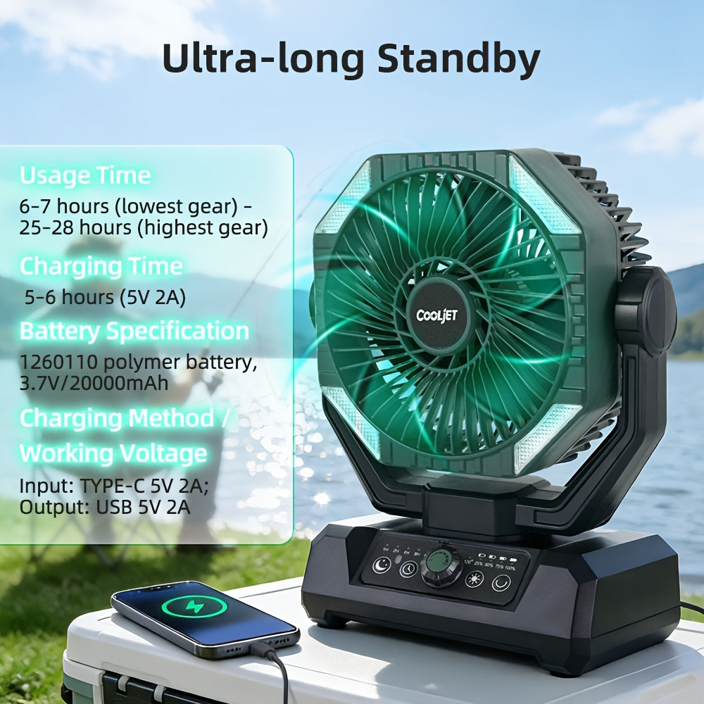 CoolJet Portable Camping Fan with Listed 20000mAh Battery, Variable Speed and 18-LED Light with Three Dimming Levels, Fern Green or Orange Airflow Options